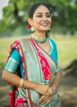 Woven Work Banarasi Silk Designer Saree In Rani