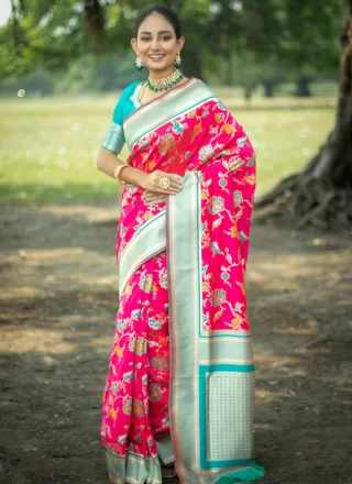 Woven Work Banarasi Silk Designer Saree In Rani