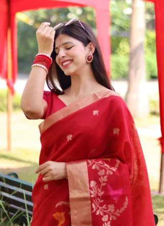 Woven Work Cotton Silk Contemporary Saree In Red