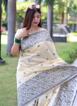 Woven Work Handloom Silk Contemporary Sari In Off White