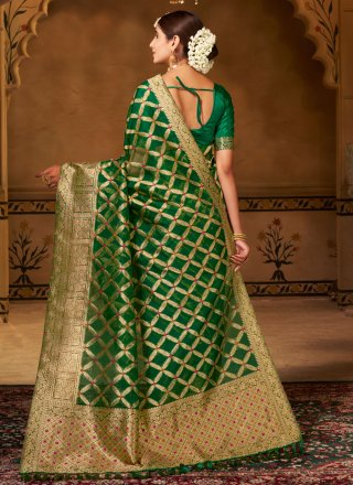 Woven Work Organza Trendy Saree In Green for Festival