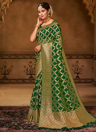 Woven Work Organza Trendy Saree In Green for Festival