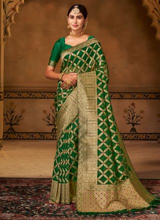 Woven Work Organza Trendy Saree In Green for Festival