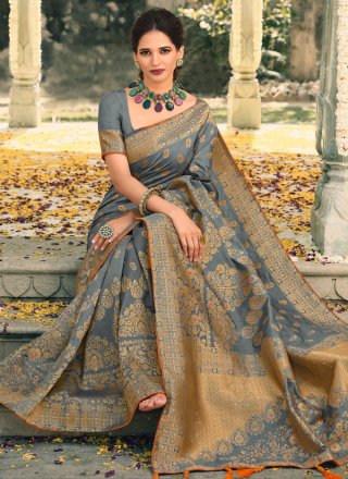 Woven Work Silk Contemporary Sari In Grey