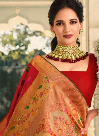 Woven Work Silk Trendy Saree In Red for Ceremonial