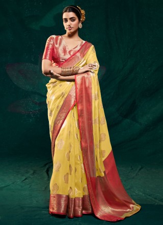 Woven Yellow Satin Contemporary Saree