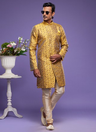Yellow Banarasi Jacquard Embroidered Indo Western