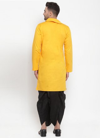 Yellow Blended Cotton Plain Work Dhoti Kurta for Casual