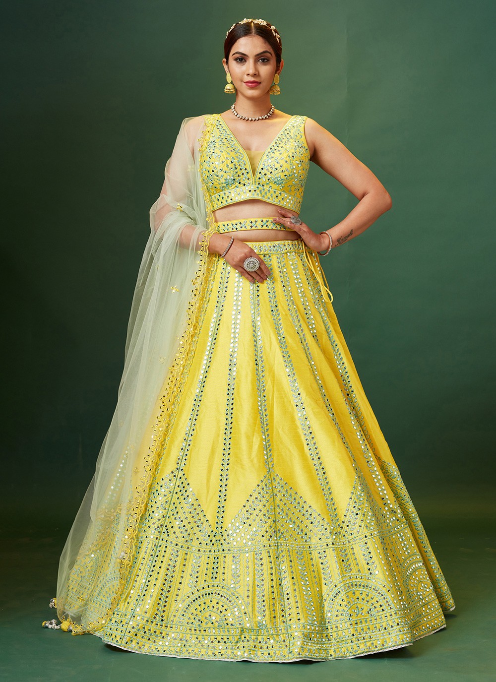Buy Yellow Silk Aari Designer Lehenga Choli Online : 263298 -