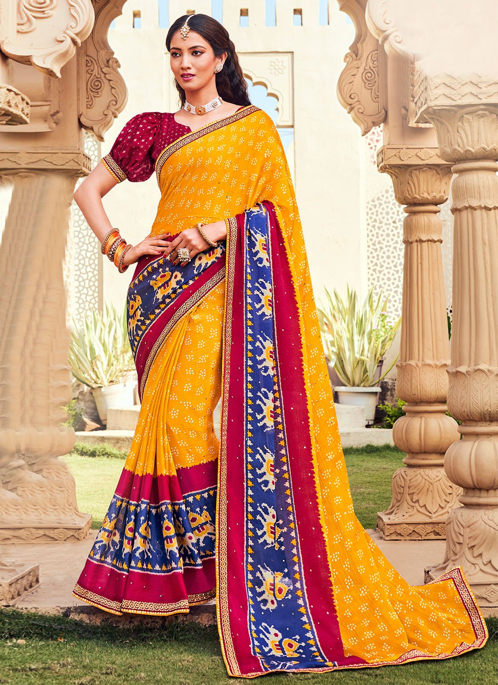 Yellow and Green Designer Bandhani Gharchola Saree