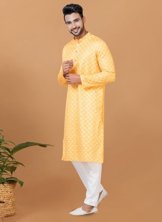 Yellow Cotton Digital Print Kurta Pyjama