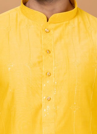 Yellow Cotton Embroidered and Sequins Work Kurta Pyjama