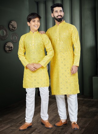 Yellow Cotton Embroidered Men and Kids Combo