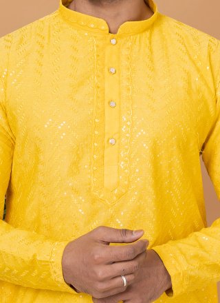 Yellow Cotton Kurta Pyjama with Embroidered and Sequins Work for Engagement