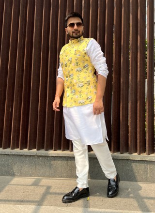 Yellow Cotton Printed Nehru Jackets