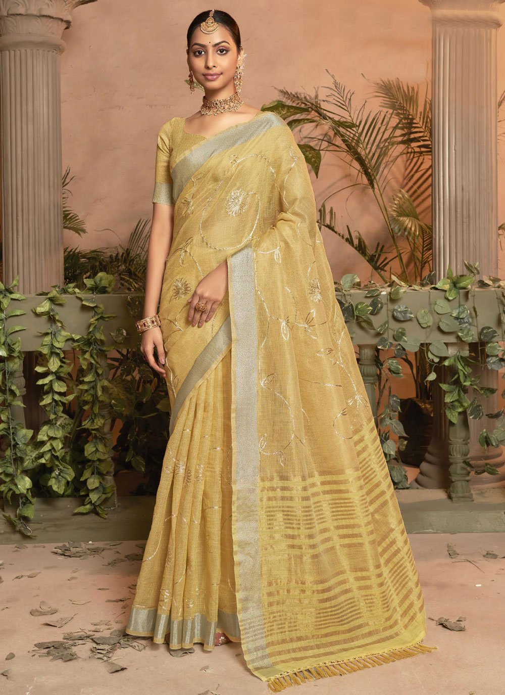 Yellow Cotton Silk Contemporary Saree with Embroidered Work