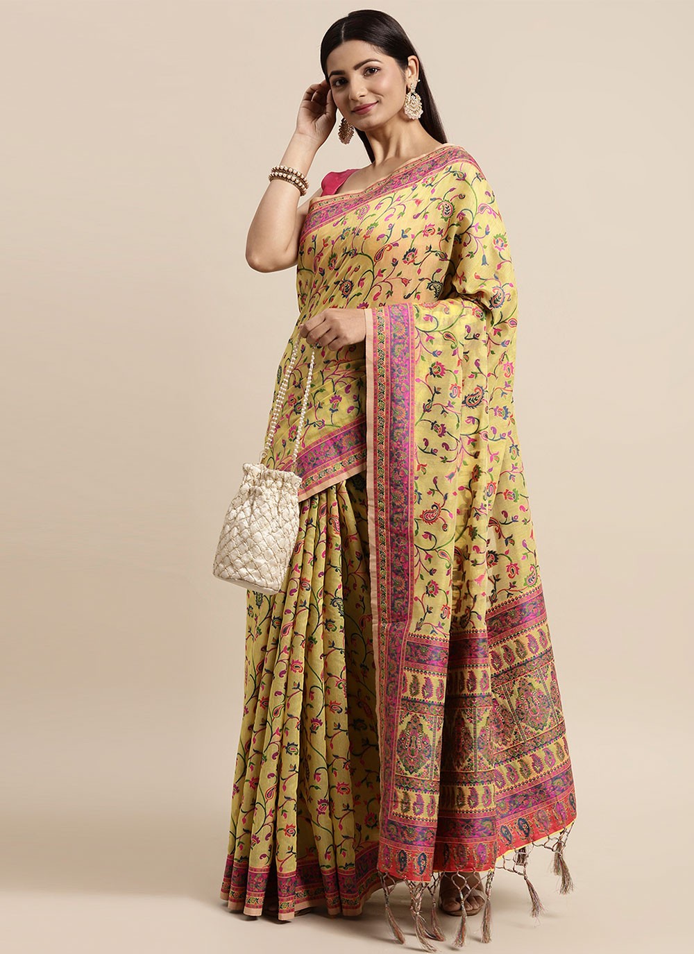 Yellow Cotton Silk Mehndi Classic Saree