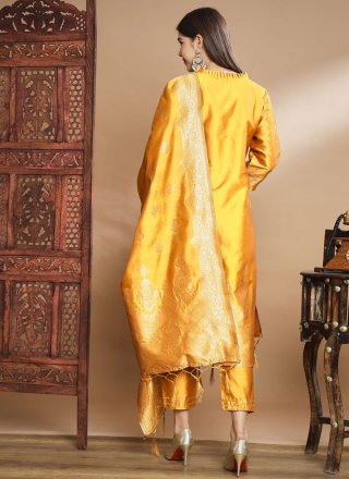 Yellow Cotton Silk Salwar Suit with Woven Work for Women