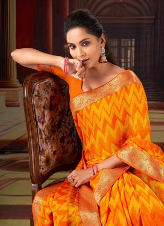Yellow Digital Print Chiffon Contemporary Style Saree
