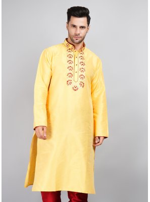 Yellow Dupion Silk Machine Embroidery  Kurta