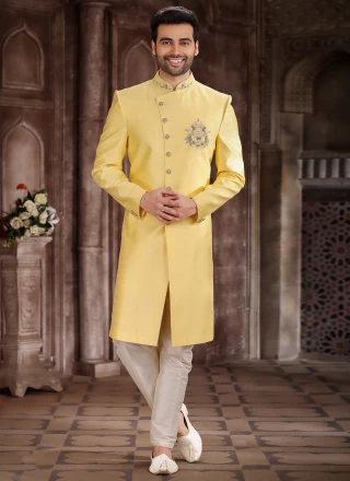 Yellow Embroidered Art Silk Indo Western Sherwani