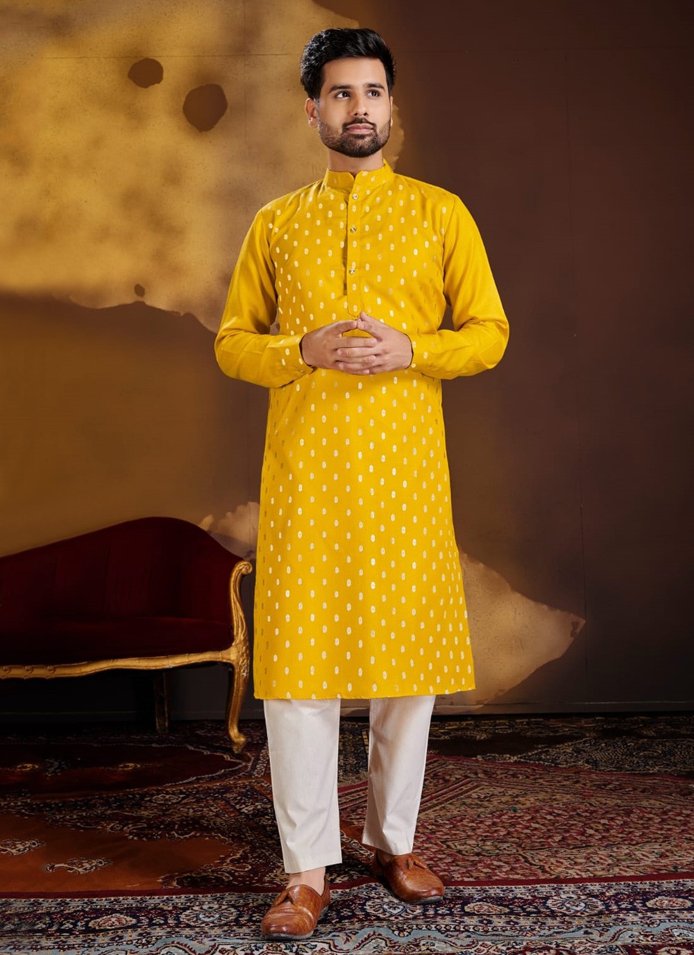 Buy Yellow Foil Print Kurta Pyjama 270728