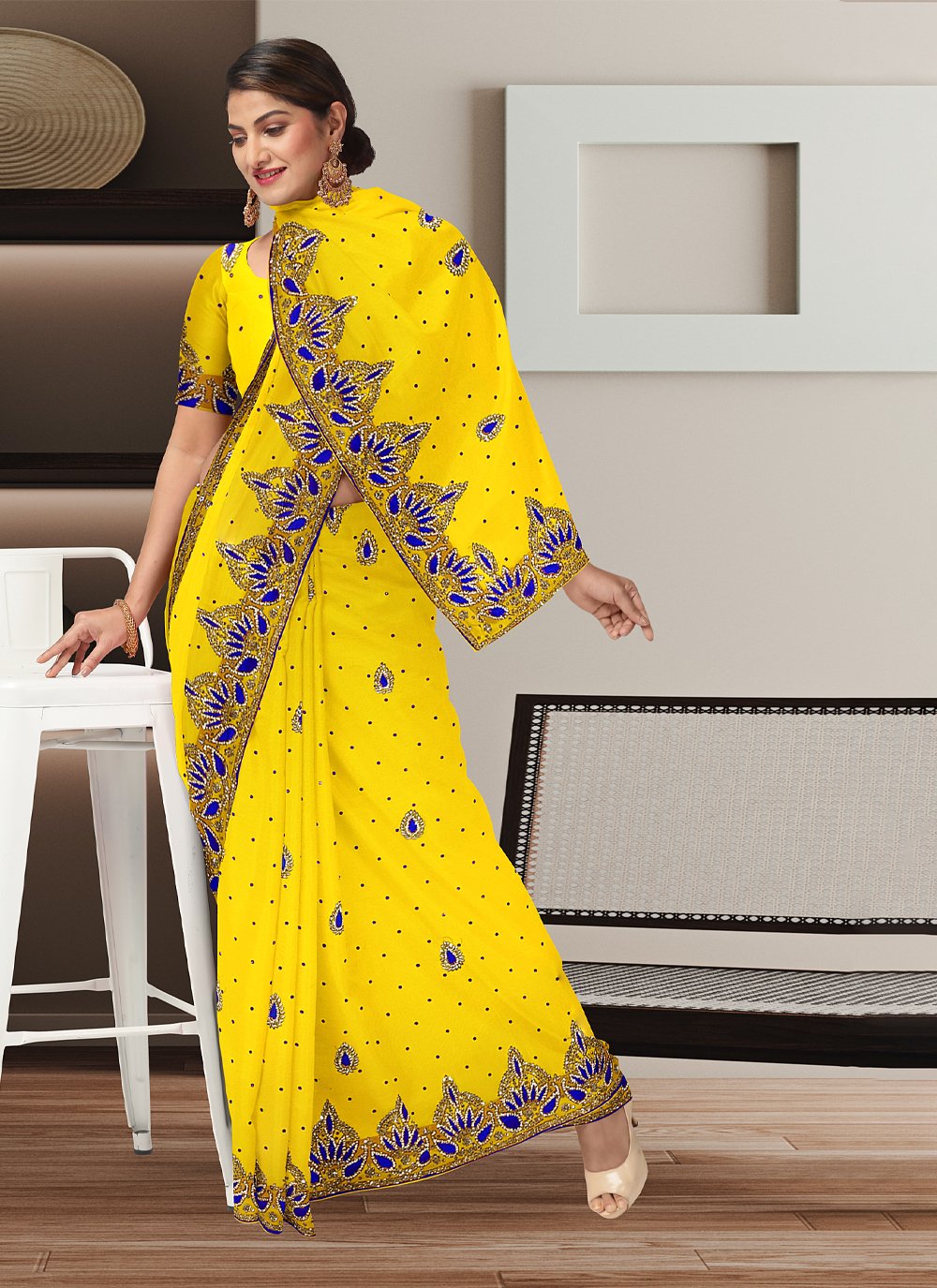 Yellow Georgette Classic Saree with Hand Work for Ceremonial