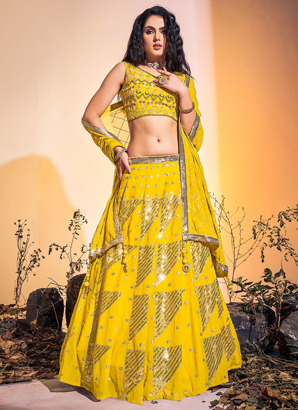 Buy Yellow Lehenga Choli In Raw Silk With Resham, Cut Dana And Sequins  Embroidered Summertime Blossoms Online - Kalki Fashion
