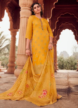 Yellow Jacquard Salwar Suit with Embroidered and Jacquard Work
