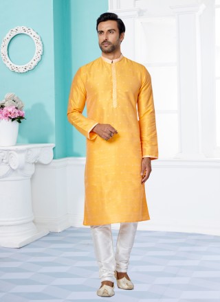 Yellow Jacquard Work Banarasi Silk Kurta Pyjama