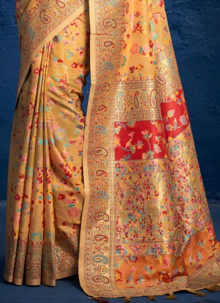 Yellow Kashmiri Silk Designer Traditional Saree