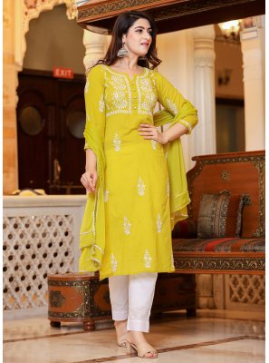 Yellow Lucknowi work Cotton Pant Style Suit