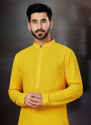 Yellow Lucknowi work Rayon Kurta Pyjama