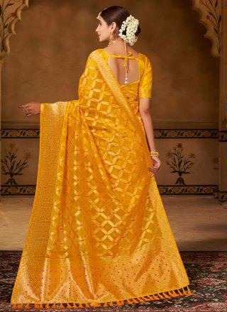 Yellow Organza Classic Saree with Woven Work for Festival