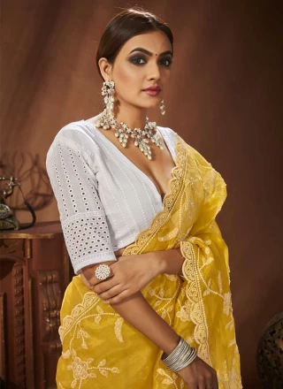 Yellow Organza Embroidered Trendy Saree