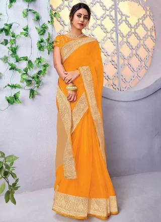 Yellow Organza Patch Border and Woven Work Classic Sari