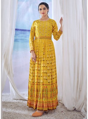 Yellow Print Party Readymade Gown