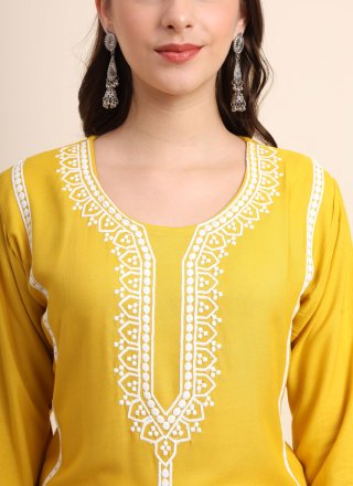 Yellow Rayon Embroidered Work Party Wear Kurti