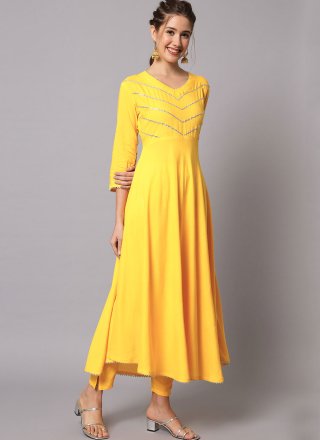 Yellow Rayon Plain Work Salwar Suit