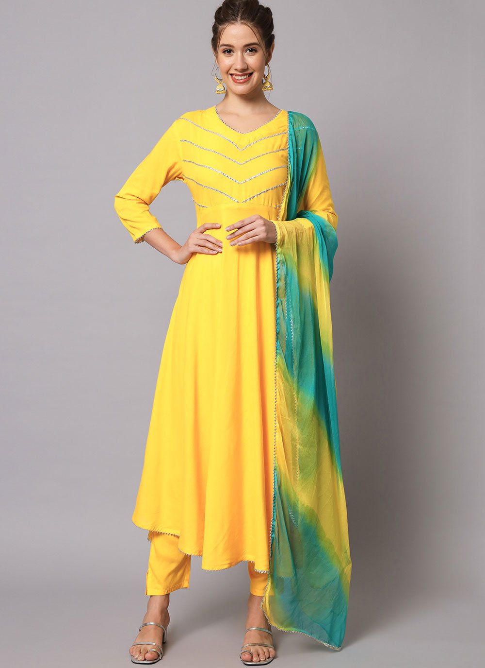 Women's Yellow Anarkali suit set with Pants & Dupatta (3pcs set) - Pomcha  Jaipur | Cotton anarkali, Cotton anarkali suits, Anarkali suit