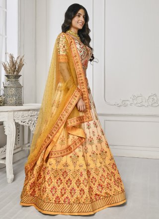 Yellow Satin Silk Lehenga Choli with Swarovski Work for Women