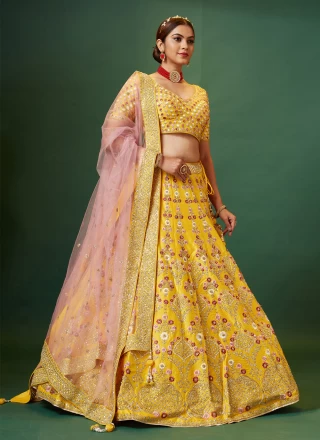 Yellow Silk Aari Designer Lehenga Choli