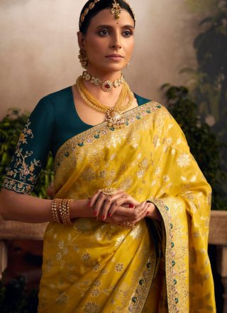 Yellow Silk Designer Sari with Embroidered and Weaving Work