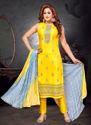 Yellow Silk Embroidered Salwar Suit