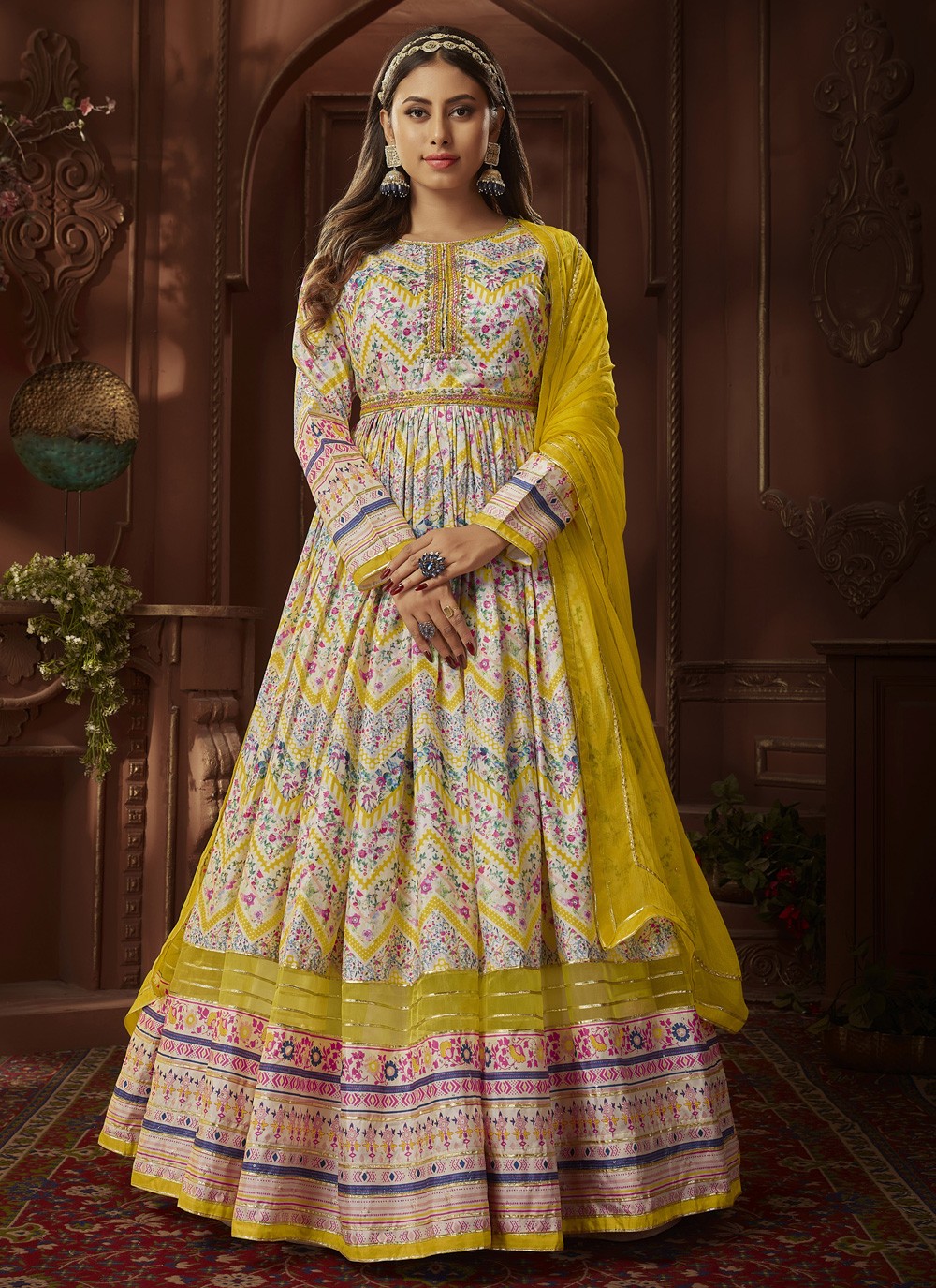 Shop Yellow Silk Printed Designer Gown Online 270608