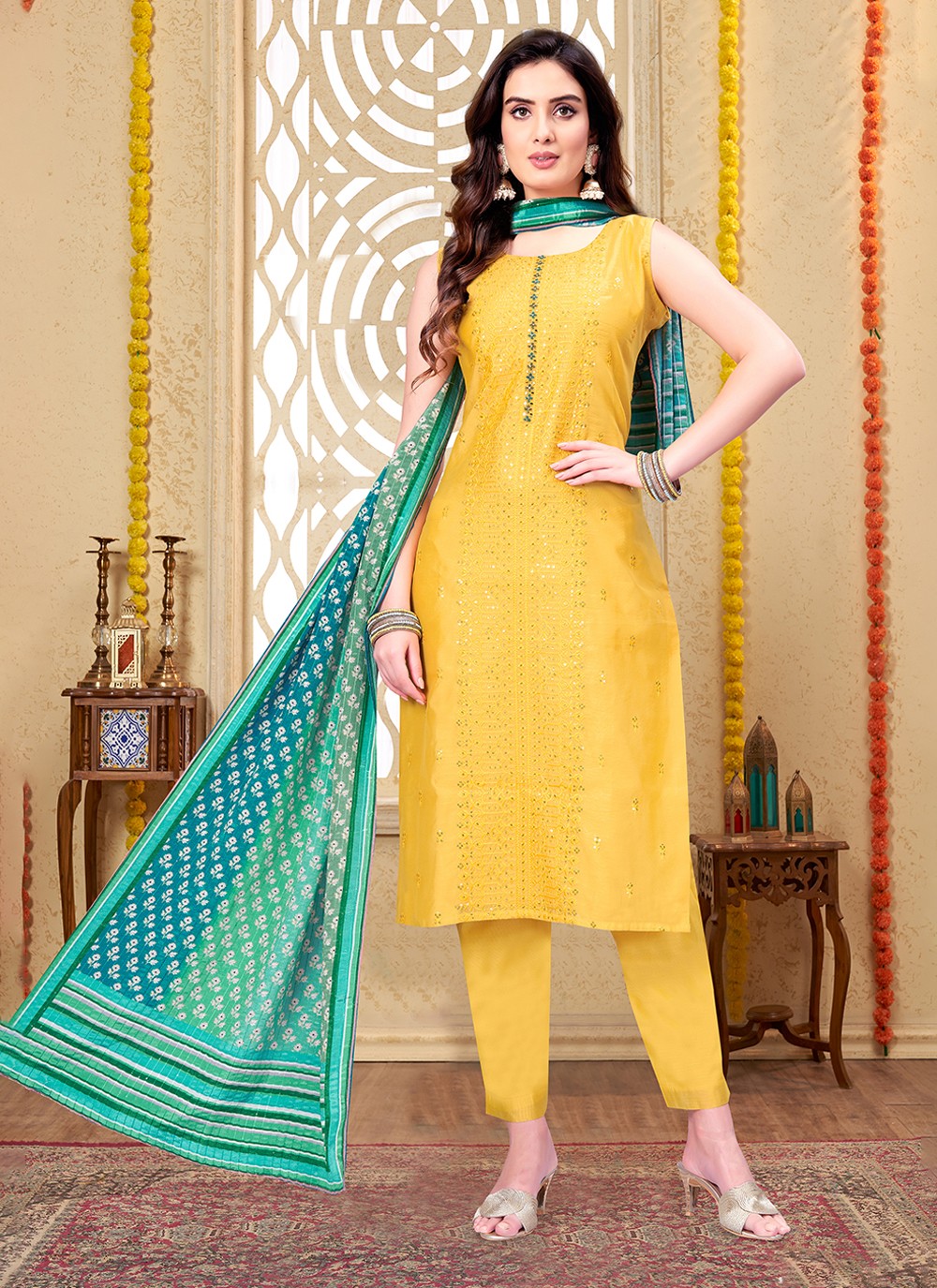 Women Yellow Floral Embroidered Kurta with Palazzos Dupatta at Rs 1429 |  Palazzo Suit | ID: 2850640724312