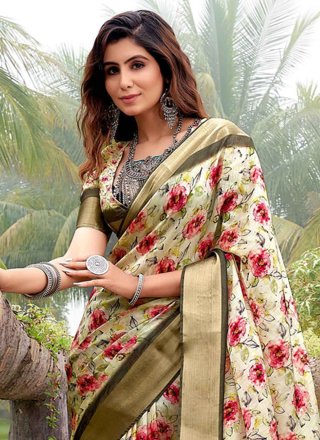 Yellow Silk Trendy Saree with Print Work for Women