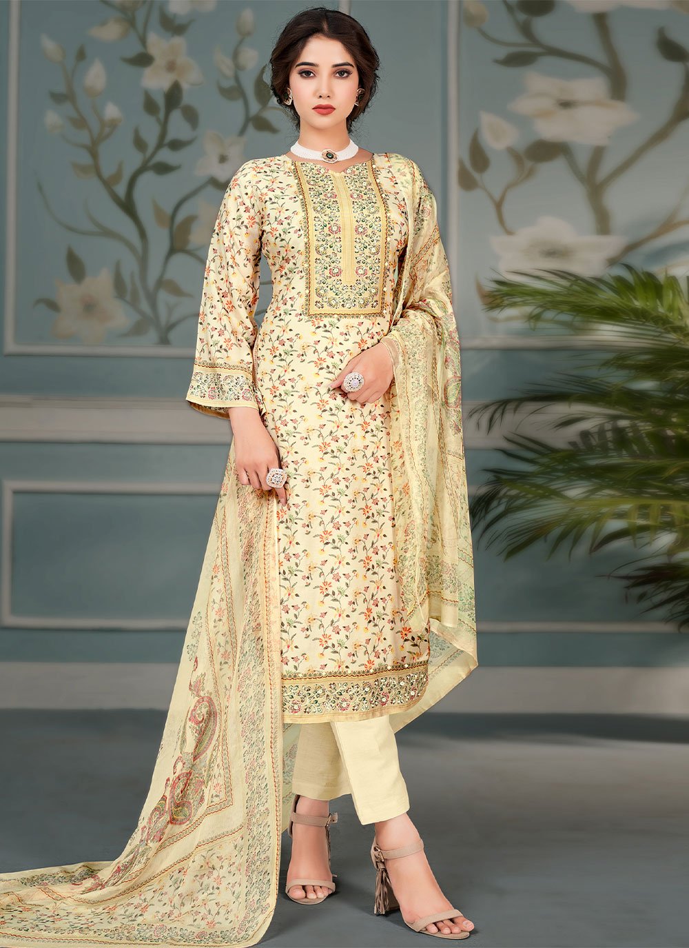 Thread Work Pant Style Suit In Cream Color