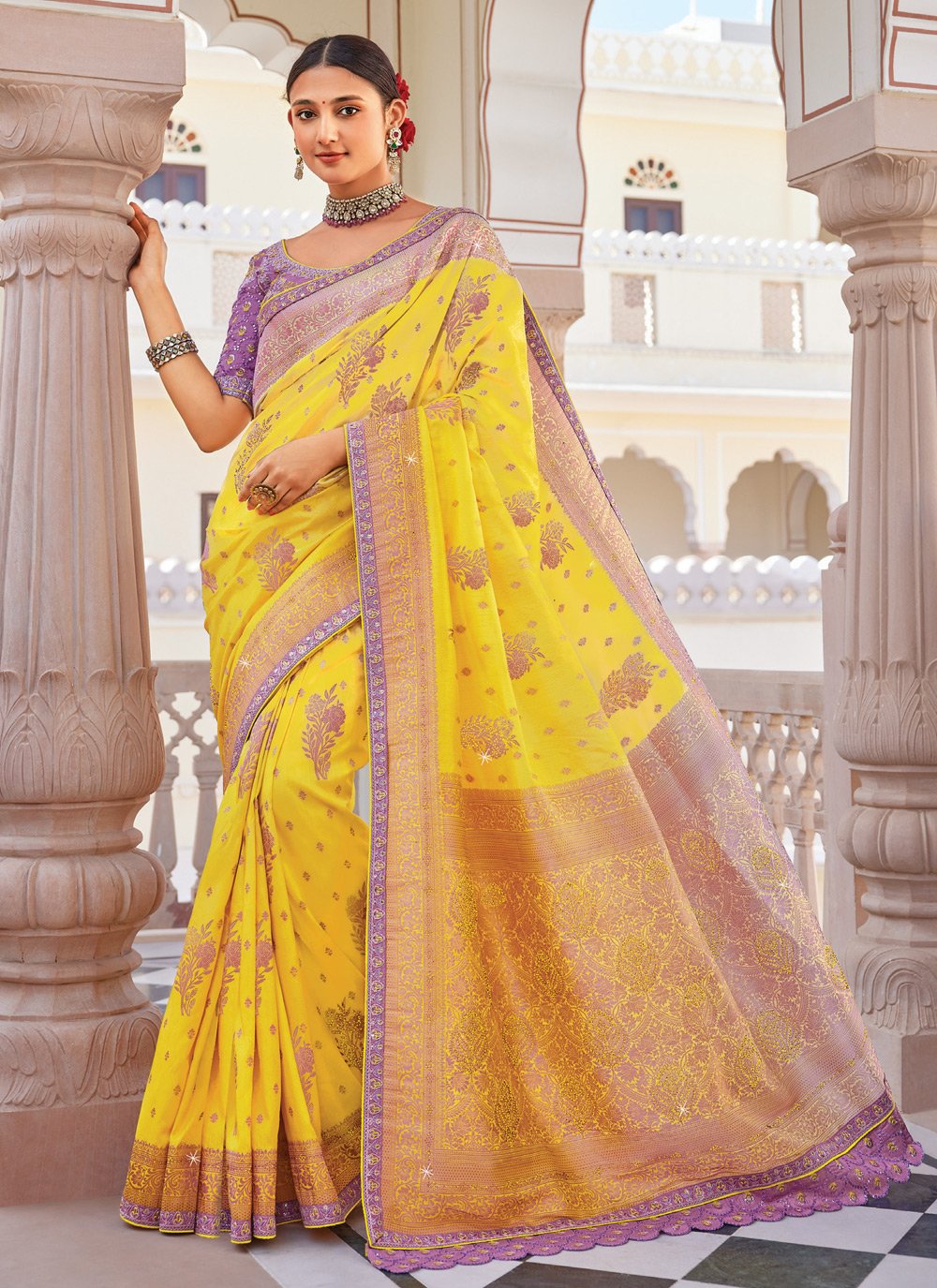 Sunshine Yellow Colour Pattu Saree Design | Bridal saree, Wedding blouse  designs, Indian bridal photos