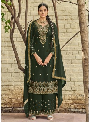 Zari Georgette Satin Straight Salwar Suit in Green